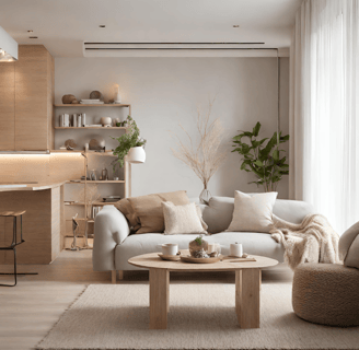 Salon beige avec canapé, table basse et plante verte
