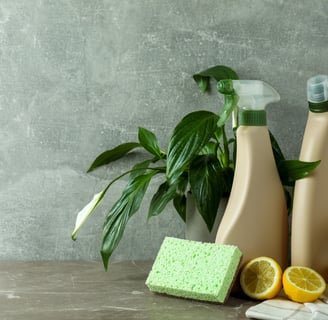 a variety of cleaning products including a bottle of cleaner