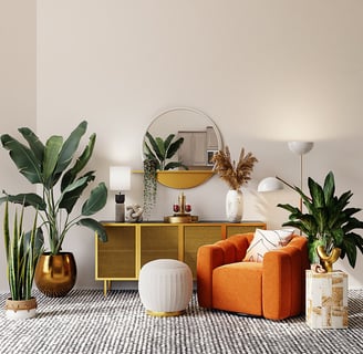 un salon avec fauteuil orange, miroir et plantes vertes