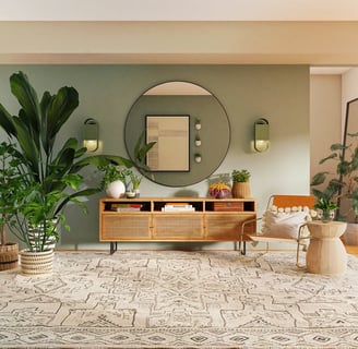 un salon avec tapis et miroir
