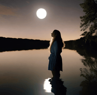 a lady water scrying at a lake in the moonlight