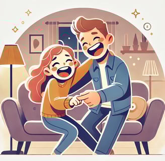 A fun and playful cartoon-style illustration of a couple laughing together while dancing in their living room, representing c