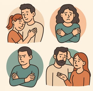 Illustration of a couple sitting back-to-back with thought bubbles above their heads, symbolising emotional distance and conn