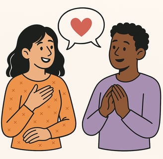 A 2D digital illustration of two illustrated characters, a man and woman, sitting across from each other talking, with soft f