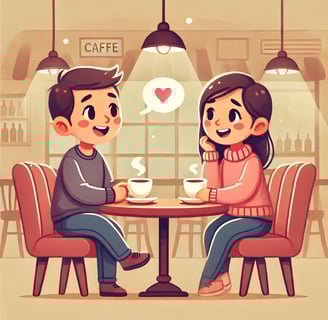 relationship check-in journal A cartoon-style illustration of a happy couple in a cozy café, deeply
