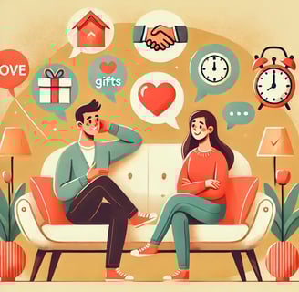 Cartoon illustration of a loving couple having a deep conversation, with love language icons floating above them, symbolizing