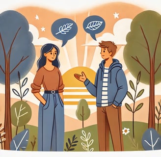 A cartoon-style illustration of a couple standing together in a park, engaging in a meaningful conve