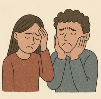 Cartoon-style square illustration of a woman and man sitting in emotional overwhelm, visually representing the theme of “unbe