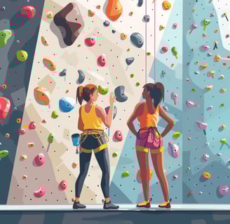 two cartoon women stand in front of climbing wall