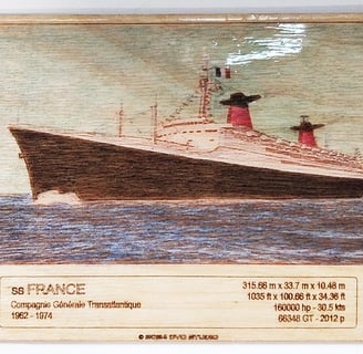 Laser engraved representation on wood of SS FRANCE ocean liner 3D
