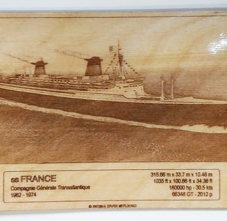 Laser engraved representation on wood of SS FRANCE ocean liner 3D