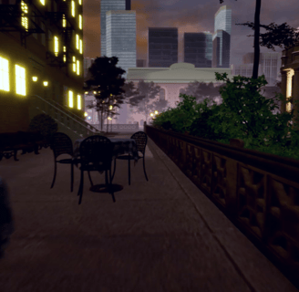Coded Black gameplay screenshot showing a city at night with a park and tables outside a restaurant. 