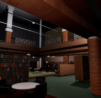 Coded Black gameplay screenshot showing a library with a burning figure in the background