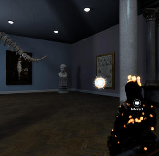 Coded Black gameplay screenshot showing a museum exhibition with a dinosaur, and a burning figure with an interact option.