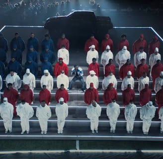 Kendrick Lamar performing in the middle of a group of people wearing red white and blue in the pattern of the American flag.