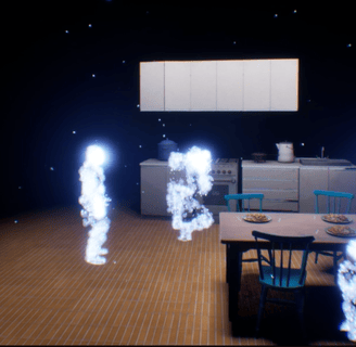Coded Black gameplay screenshot showing a kitchen scene with a family who are glowing figures.