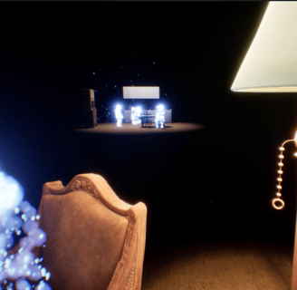 Coded Black gameplay screenshot showing a glowing figure on a chair and a glowing family sat in a kitchen in the background.