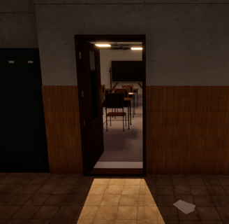 Coded Black gameplay screenshot showing a school hallway and an open door looking into a classroom.