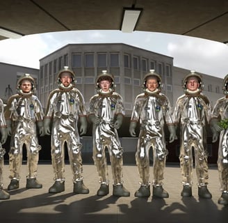 Group shot of Human Studio depicted as a group of astronauts dressed in silver space suits.