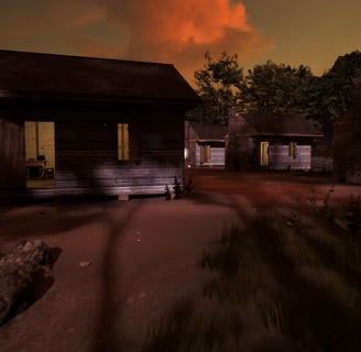 Coded Black gameplay screenshot showing slave quarters on a plantation with a series of small wooden slave houses.