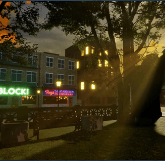 Coded Black gameplay screenshot showing a city scene and a park lit with rays of sunlight.
