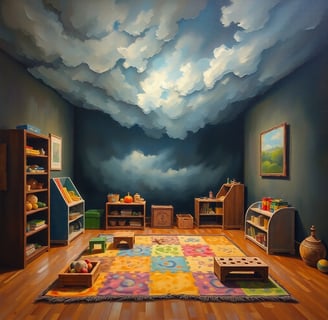 A classic oil painting depicting a functional sensory playroom for autistic children ages 3-8