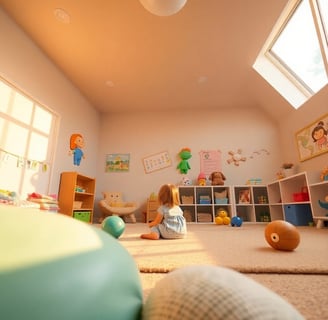Low angle view, golden hour lighting, depicting a functional and luxurious sensory playroom design