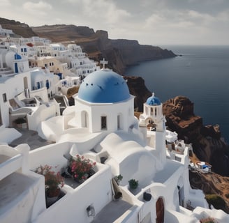 The beautiful blue church domes in Santorini and white houses, Greece travel