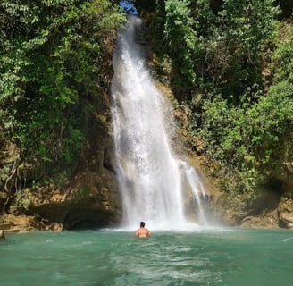a man standing in front of a waterfall