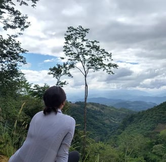 a woman sitting on a rock with a view of the mountains