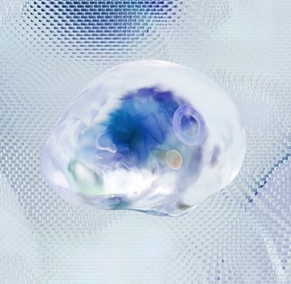 a clear glass ball with a blue and white background