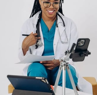 a female doctor in a white lab coat and a camera