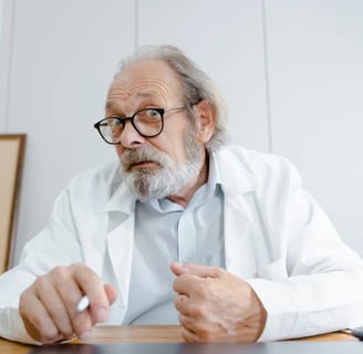 a man in a lab coat sitting at a desk