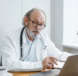 a man in a lab coat and glasses sitting at a desk