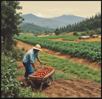 A group of women engaged in agricultural work bends over while tending to plants in a lush, green field. They wear colorful attire with headscarves, and the surrounding area is dense with vegetation and trees.