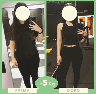 "Trasformazione fisica prima e dopo il percorso nutrizionale con perdita di 5 kg"