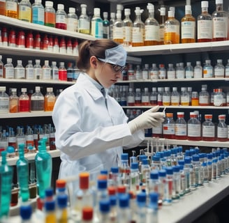 A wooden cabinet with glass doors contains various scientific instruments. In front of the cabinet, there are several brown bottles with blue and white caps placed on a wooden surface.