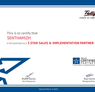 As a 3-Star Partner of Tally Solutions, Senthamizh (RS Computers) is recognized for our expertise in