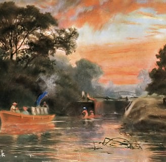 Oil painting of people enjoying boats on a lake at sunset