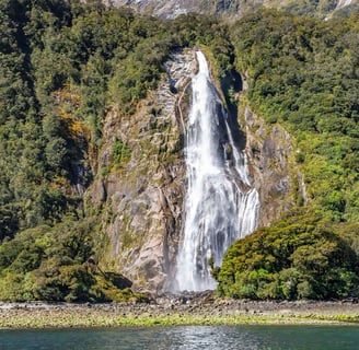 Stirling Falls plunging down the green cliffs of Milford Sound