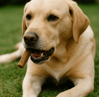 alt="Labrador chewing calming hemp treat for anxiety"
