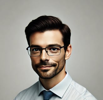 Image of a bookkeeper, about 35 years old, with glasses on, and a beard looking at the camera.