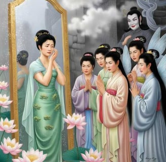 Bà tiên lo lắng trước gương