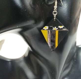 a pair of earrings with a yellow and black diamond