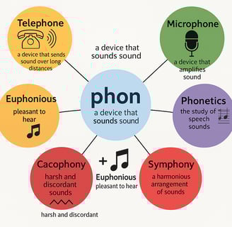 Chart of 'Phon' root word from Word Power Made Easy showing vocabulary