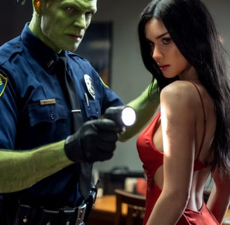 a woman in a red dress and a man in a costume