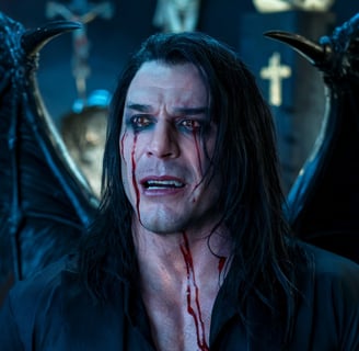 a man with a bloody face and a devilish face