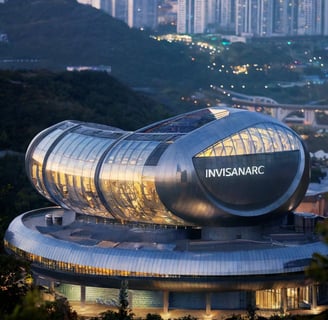 a large building with a large glass building in the background
