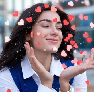 Beautiful woman surrounded by floating hearts