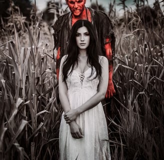 a woman in a white dress and devil horns costume